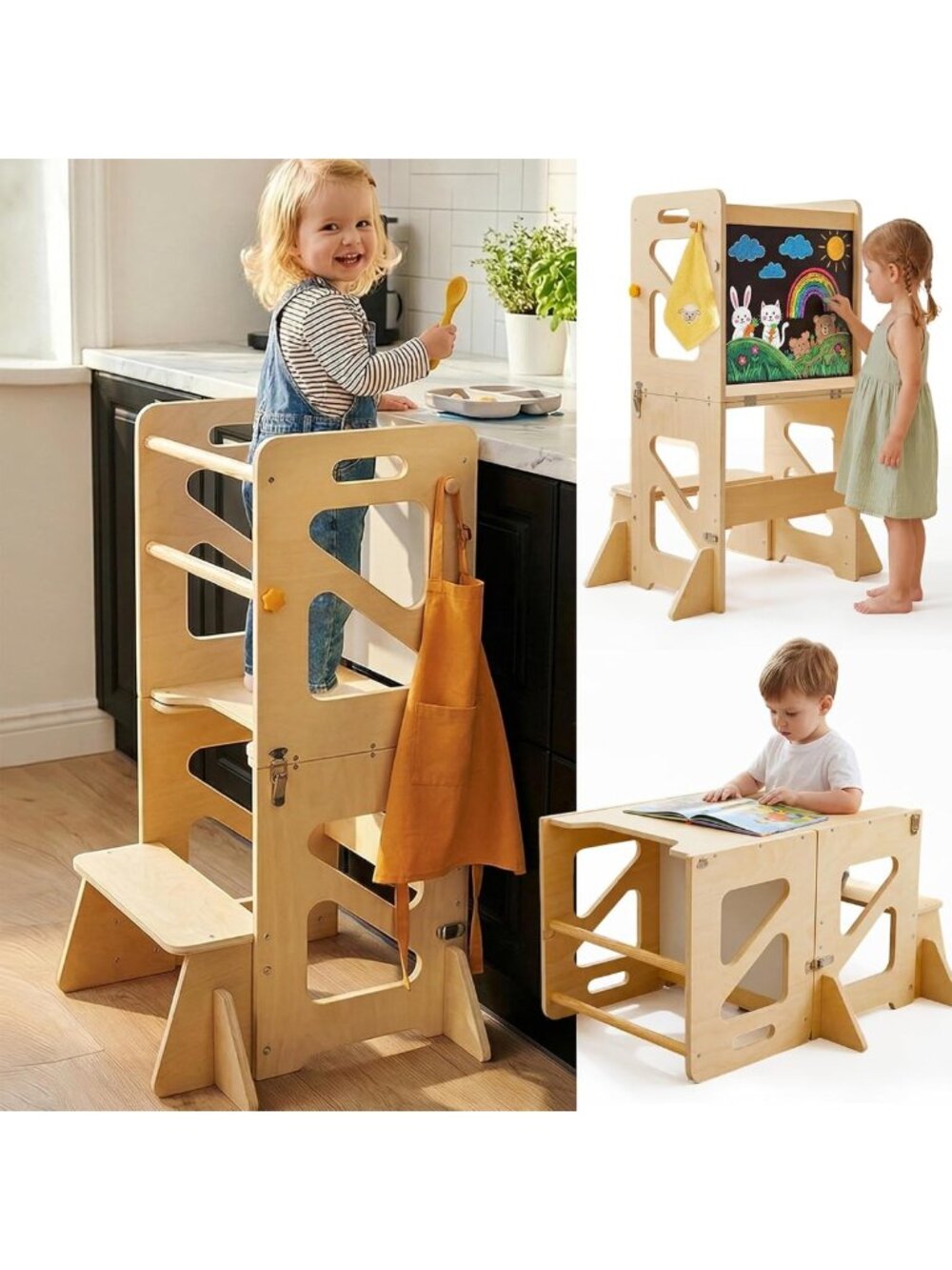 4-in-1 Foldable Toddler Kitchen Stool Tower, Montessori Learning Helper for Kids
